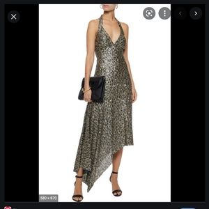 Anna Sui Asymmetric Sequined Tulle Halterneck Midi Dress Gold